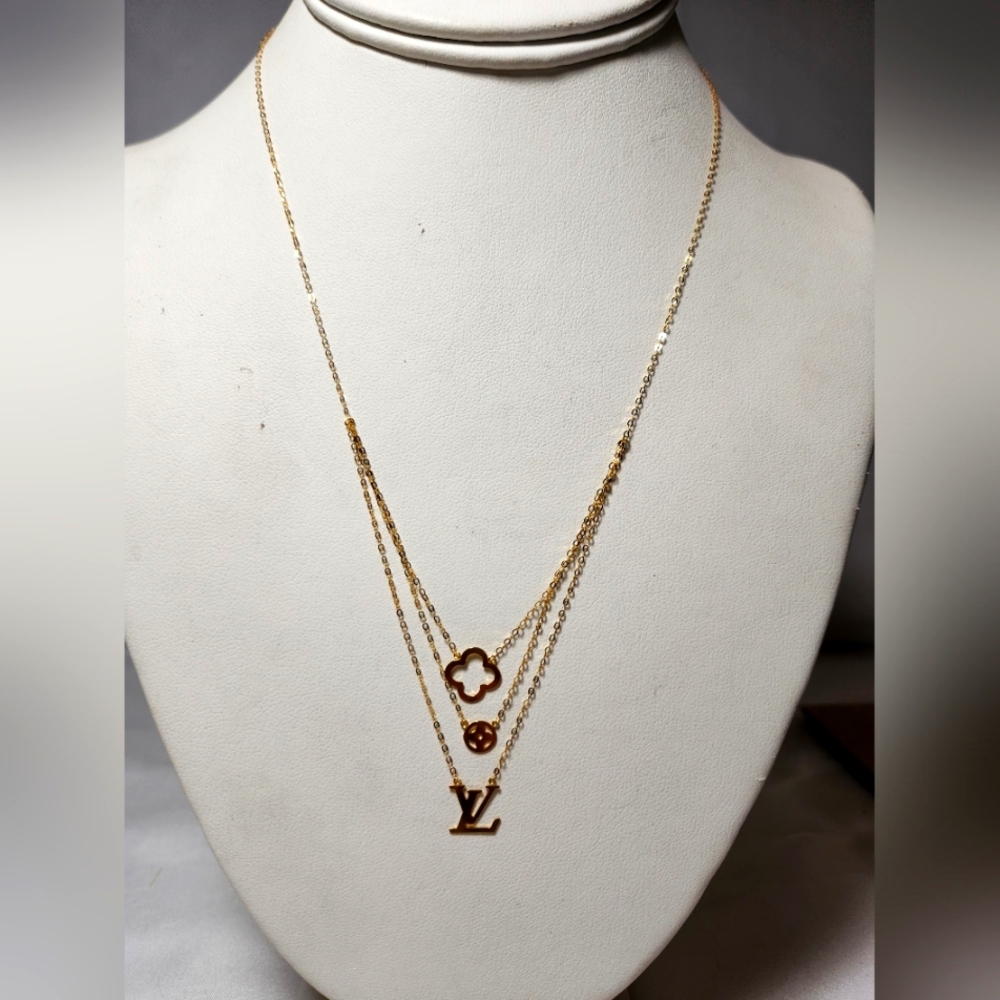 Solid 18k Gold, LV Layered Charm Necklace